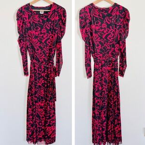 Anne Klein Long-Sleeve Mesh Dress in Red & Black Abstract Floral Print